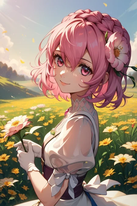 score_9, score_8_up, score_7_up, very aesthetic, source_anime, detailed, high quality, beautiful, masterpiece, detailed eyes,
<lora:lightXL:0.8>
dusk, field of flower,
<lora:action-sdxl-V0.5:1>zdyna_pose
cowboy shot, close up, upper body,
light smile, sitting, holding a flower,
<lora:misella_autismConfetti_v01:0.99> small breasts,
misella, pink hair, pink eyes, short hair, hair flower, hair between eyes,
white dress, see-through sleeves, see-through, pinafore dress, puffy sleeves, white gloves, asymmetrical sleeves, braid, leg ribbon, white footwear, white ribbon,, zPDXL