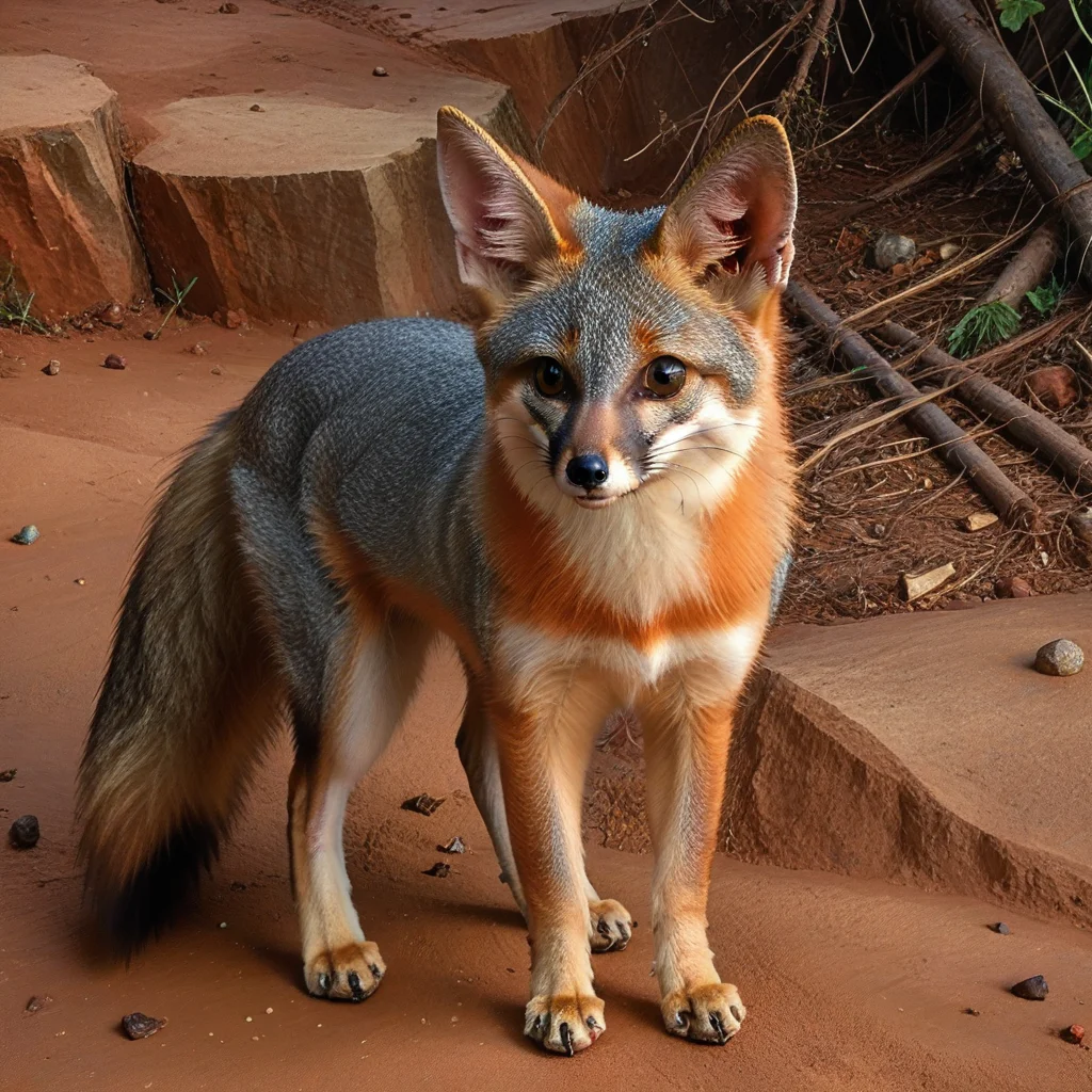incredibly absurdres,solo,photorealistic,islandfox,gray fur,multicolored fur,small, big eyes, feral,detailed background,looking at viewer,outdoors,standing on ground,<lora:Foxes_-_Multiple_Species:1>,