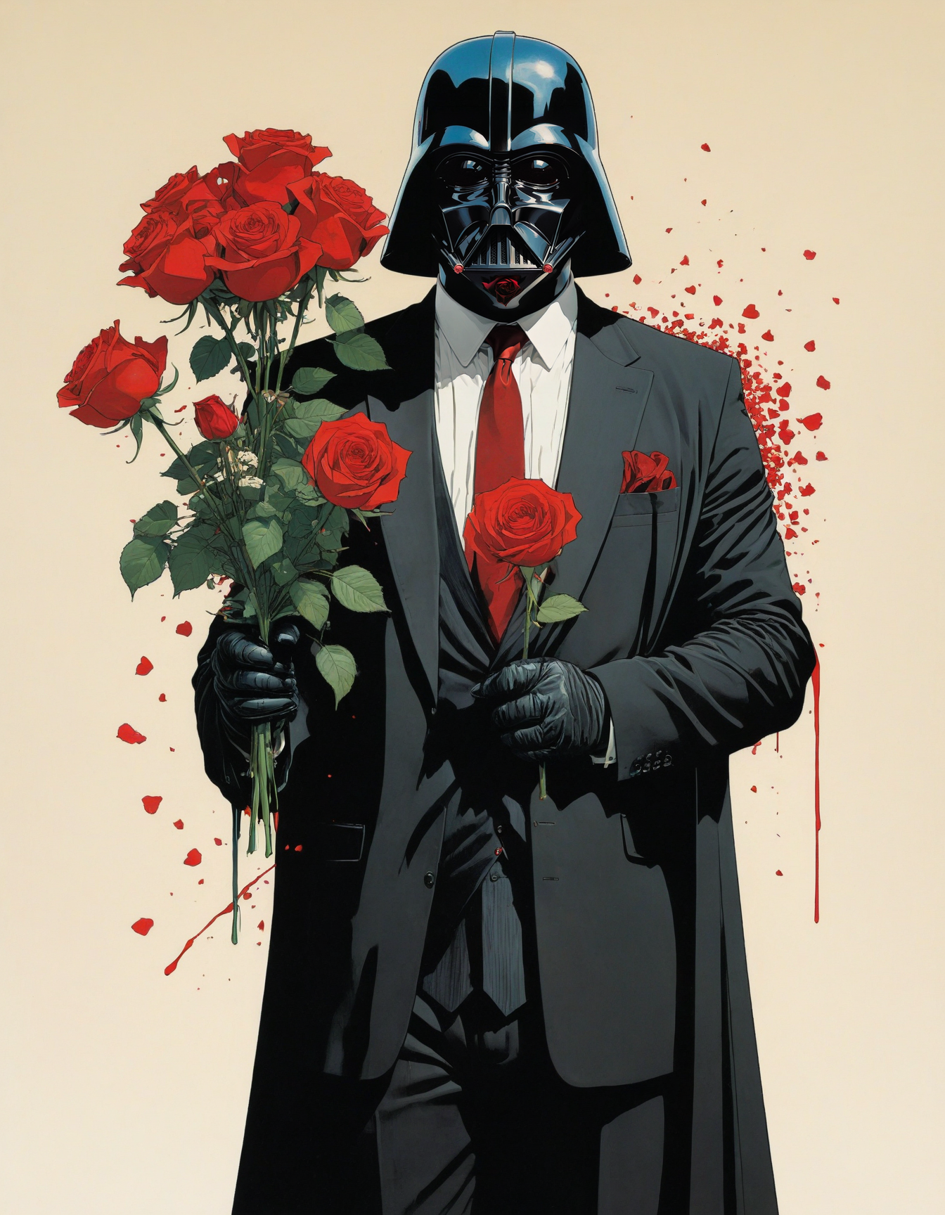 by Jean-Baptiste Monge and Tomer Hanuka, darth vader in a suit, giving roses, bansky style, comic book cover art, bold lines, expressive drawing,  award winning, (intricate details, masterpiece, best quality:1.4),
looking at viewer, dynamic pose
<lora:add-detail-xl:1> <lora:xl_more_art-full_v1:0.5>  <lora:NicolaSamori:0.5> in the style of nicola samori <lora:looking_at_viewer:2>