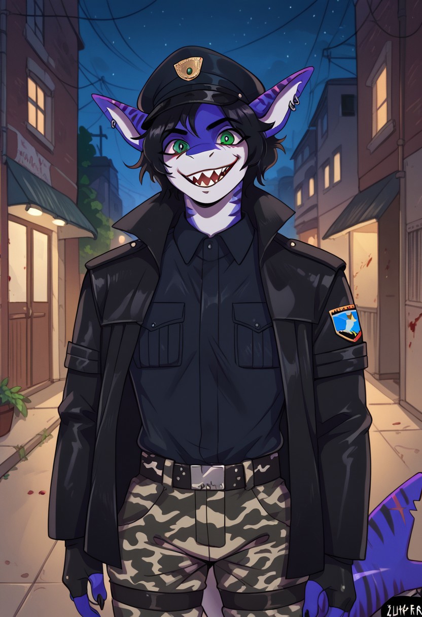 ziffir_stylepxl,  score_9, score_8_up, score_7_up, 1boy, solo, lunarsunxl, anthro shark,dark blue skin, stripes on the body, short hair,lush hair,black hair, green eyes, shark tail, ear piercing, BREAK, black officer's cap of the USSR soldiers, long black leather raincoat, black fingerless gloves, camouflage pants, looks at the viewer, predatory gaze, crazy eyes, wide smile, shark teeth, bloody face, holds a mauser pistol in his hands, background night alley of the city, night, dark atmosphere, horror
