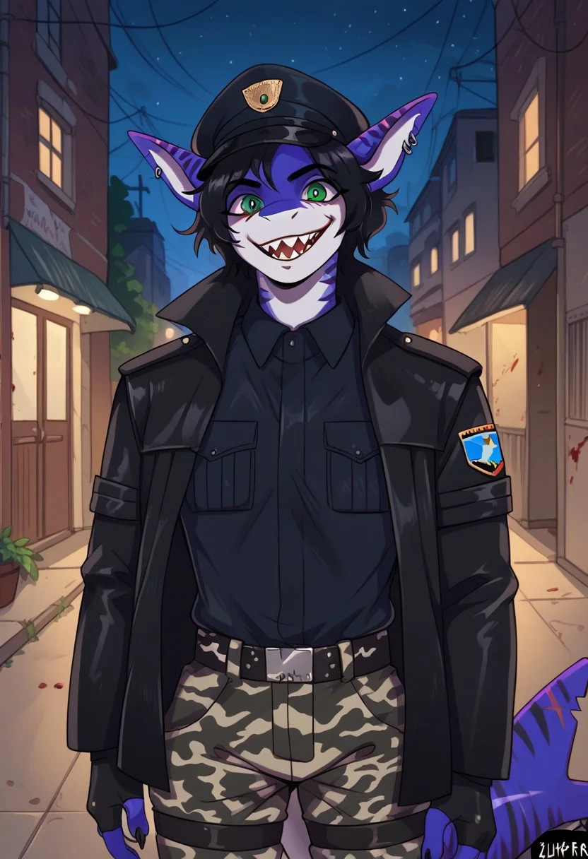 ziffir_stylepxl, score_9, score_8_up, score_7_up, 1boy, solo, lunarsunxl, anthro shark,dark blue skin, stripes on the body, short hair,lush hair,black hair, green eyes, shark tail, ear piercing, BREAK, black officer's cap of the USSR soldiers, long black leather raincoat, black fingerless gloves, camouflage pants, looks at the viewer, predatory gaze, crazy eyes, wide smile, shark teeth, bloody face, holds a mauser pistol in his hands, background night alley of the city, night, dark atmosphere, horror