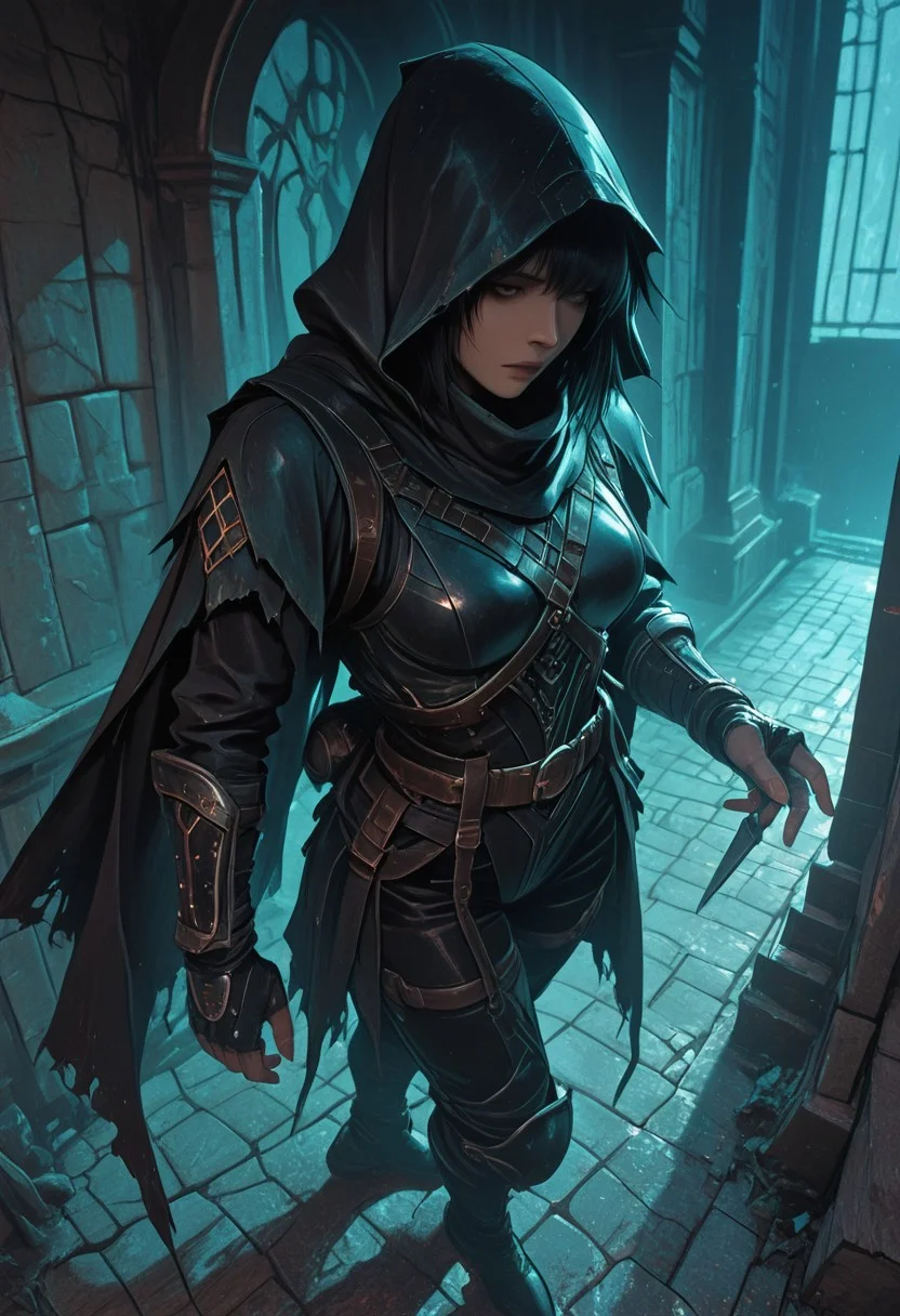 (masterpiece), (best quality), (ultra-detailed), 1girl, focused expression, female ninja assassin, emerging from deep shadows, dramatic lighting, dark fabric and layered leather armor, hooded cloak, traditional ninja gear, throwing knife in hand, waist-up to full body view, tense and silent movement, low pose, cinematic lighting from above, rain-slick stone walls, misty air, subtle fog, textured cloth, leather straps, arcane-free look, poised and controlled demeanor, ancient temple or forest night background, semi-realistic style, moody atmosphere, hidden blade,