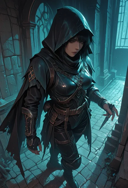 (masterpiece), (best quality), (ultra-detailed), 1girl, focused expression, female ninja assassin, emerging from deep shadows, dramatic lighting, dark fabric and layered leather armor, hooded cloak, traditional ninja gear, throwing knife in hand, waist-up to full body view, tense and silent movement, low pose, cinematic lighting from above, rain-slick stone walls, misty air, subtle fog, textured cloth, leather straps, arcane-free look, poised and controlled demeanor, ancient temple or forest night background, semi-realistic style, moody atmosphere, hidden blade,