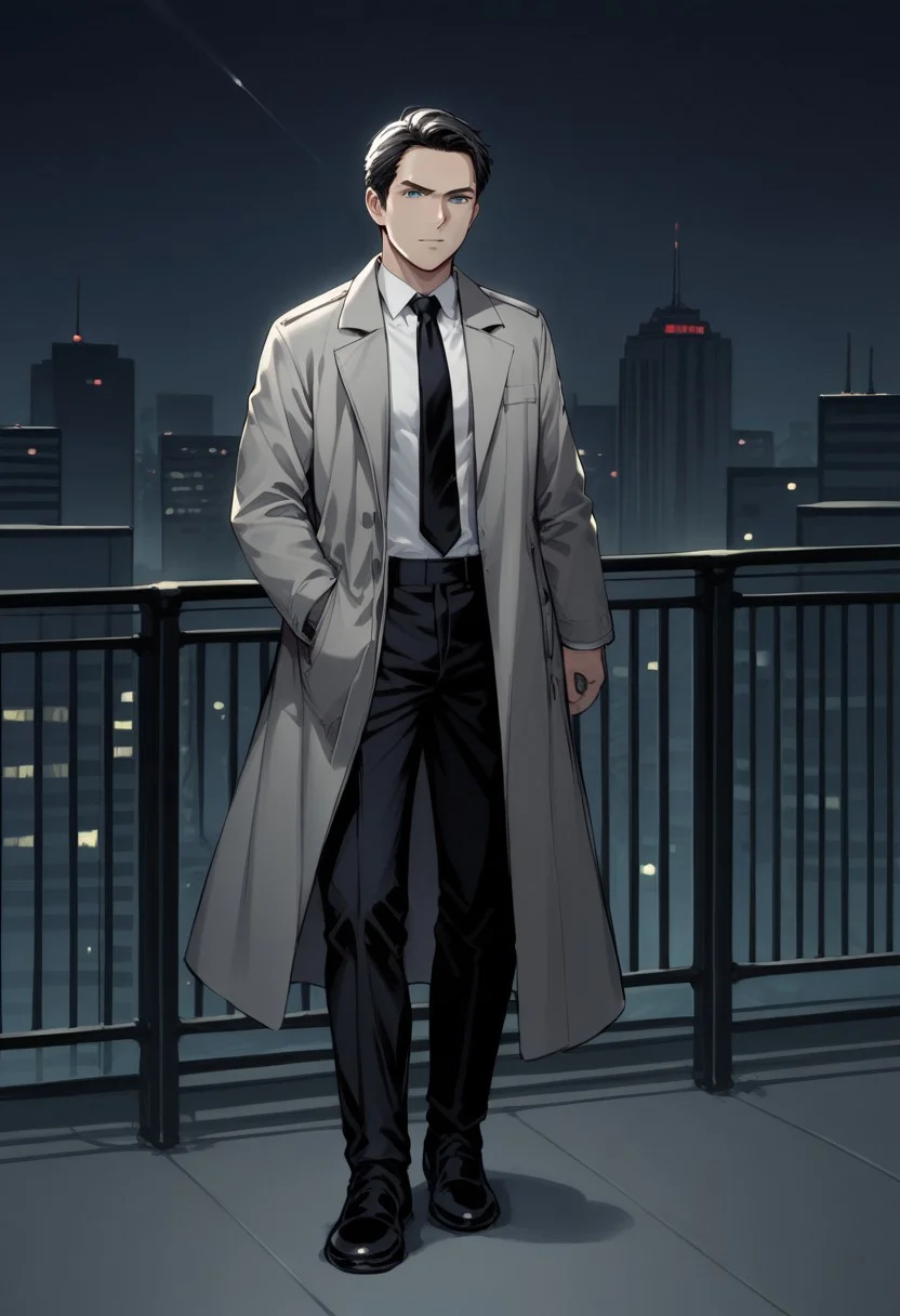 score_9, score_8, score_7, (city background), night, dramatic light, sketch, 1man mature, blue eyes, black trenchcoat, grey coat, black tie, white shirt, black pants, black shoes, irritated, hold a gun, aiming the viewer