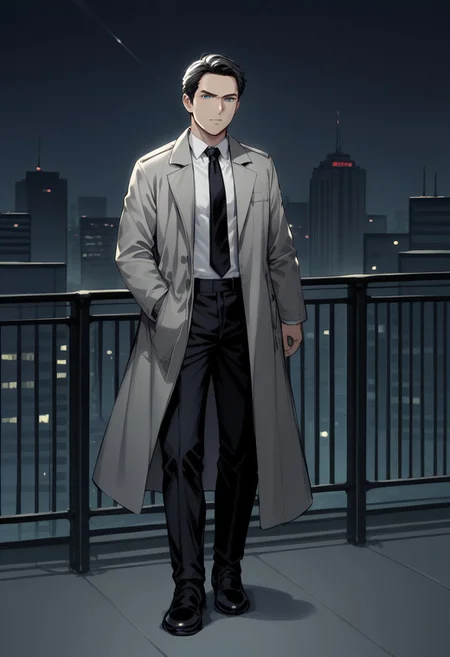 score_9, score_8, score_7, (city background), night, dramatic light, sketch, 1man mature, blue eyes, black trenchcoat, grey coat, black tie, white shirt, black pants, black shoes, irritated, hold a gun, aiming the viewer