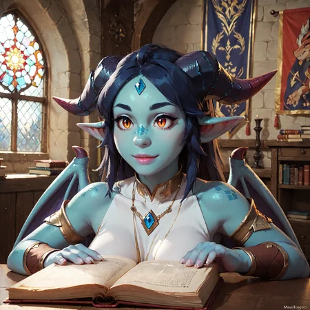 score_9, score_8_up, score_7_up, dragon woman, blue skin, dragon woman, medium breasts, mage robes, adventurer, face focus, dragon wings, close up, indoors, castle interior, banner, window, magic, book, mage <lora:blue_dragon_lady_06:0.8>