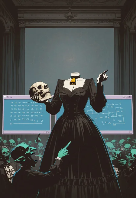 vdsur, surreal, high contrast, best quality, hires,
1girl, victorian, black dress, long sleeves, white frills, lace, holding skull, theater, stage, headless, cowbell choker, theme, 1other, goblin, pointing at another, laughing,
window \(computing\), math