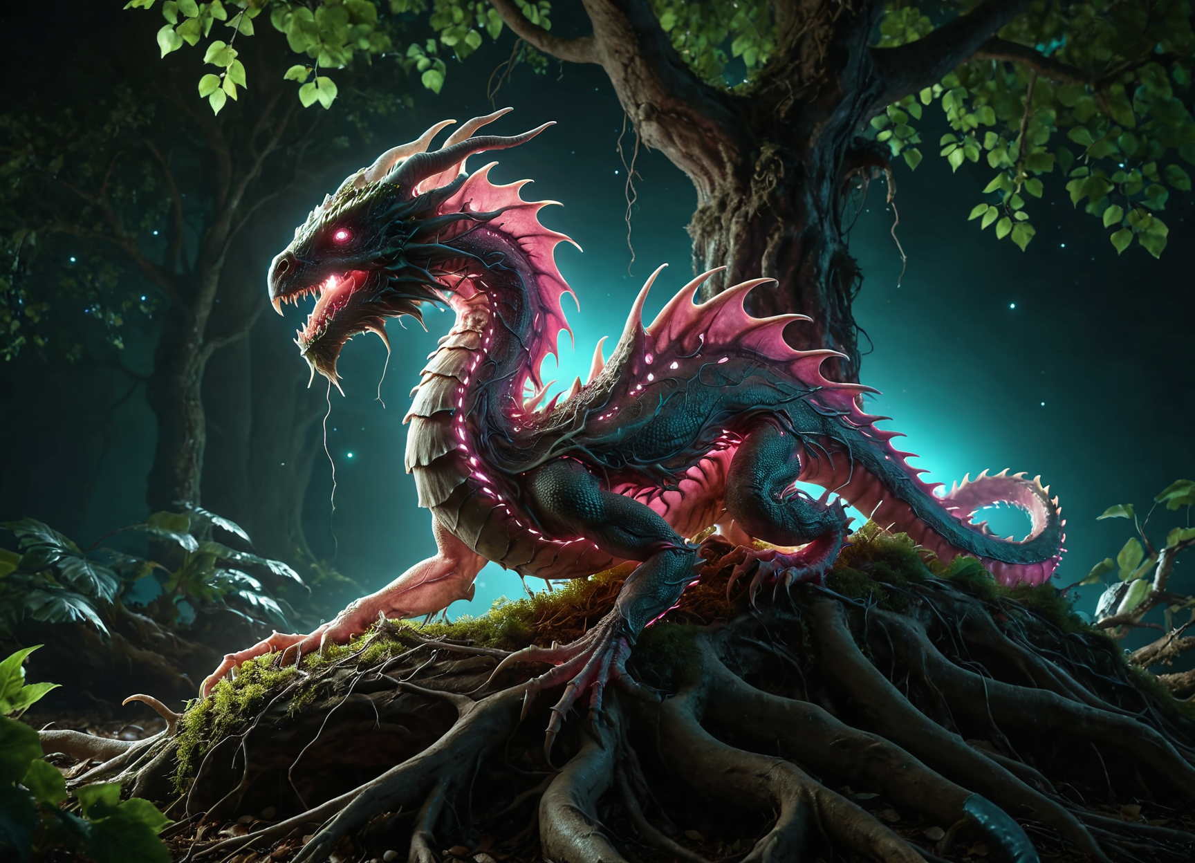 cinematic photo magical tree roots trapping a chrono dragon, super fine detail <lora:sss:0.8>  <lora:another-bored-monsters:0.35> fx-monsters <lora:sss:0.8> <lora:Bio-Luminescence:0.35> bioluminescent, glowing, neon pink <lora:add-detail-xl:1> <lora:ral-anmlsktn:0.32> ral-anmlsktn, 35mm photograph, film, bokeh, professional, 4k, highly detailed, subsurface scattering, Photorealistic, Hyperrealistic, analog style, realistic, film photography, soft lighting, heavy shadow