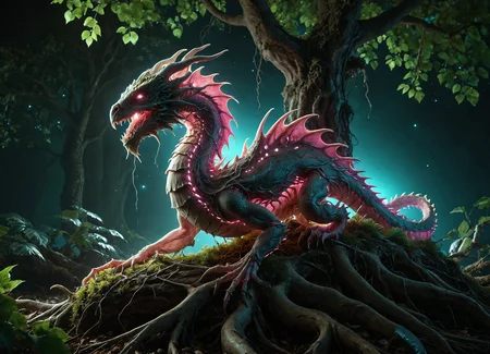 cinematic photo magical tree roots trapping a chrono dragon, super fine detail <lora:sss:0.8>  <lora:another-bored-monsters:0.35> fx-monsters <lora:sss:0.8> <lora:Bio-Luminescence:0.35> bioluminescent, glowing, neon pink <lora:add-detail-xl:1> <lora:ral-anmlsktn:0.32> ral-anmlsktn, 35mm photograph, film, bokeh, professional, 4k, highly detailed, subsurface scattering, Photorealistic, Hyperrealistic, analog style, realistic, film photography, soft lighting, heavy shadow