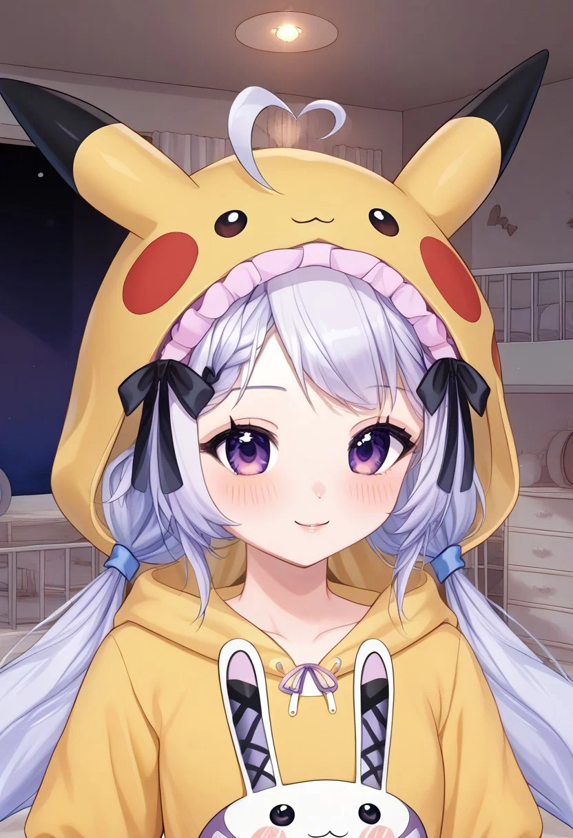 score_9, score_8_up, score_7_up, source_anime,
detailed eyes, eye reflection,
(simfonira, source_reference,source_screen_good, model_type_fox, ears_fox, outfit_maid, hair_tails, eyes_purple , maid, purple eyes , twintails, long hair, hair bow,)
twintails, low twintails, ahoge,
hair bow, black bow,
<lora:pikachu-cosplay-ponyxl-lora-nochekaiser:1>,
pikachucosplay, pikachu \(pikachu\), character print, hood, hoodie, yellow hoodie,
indoors,
1girl, blush, smile,