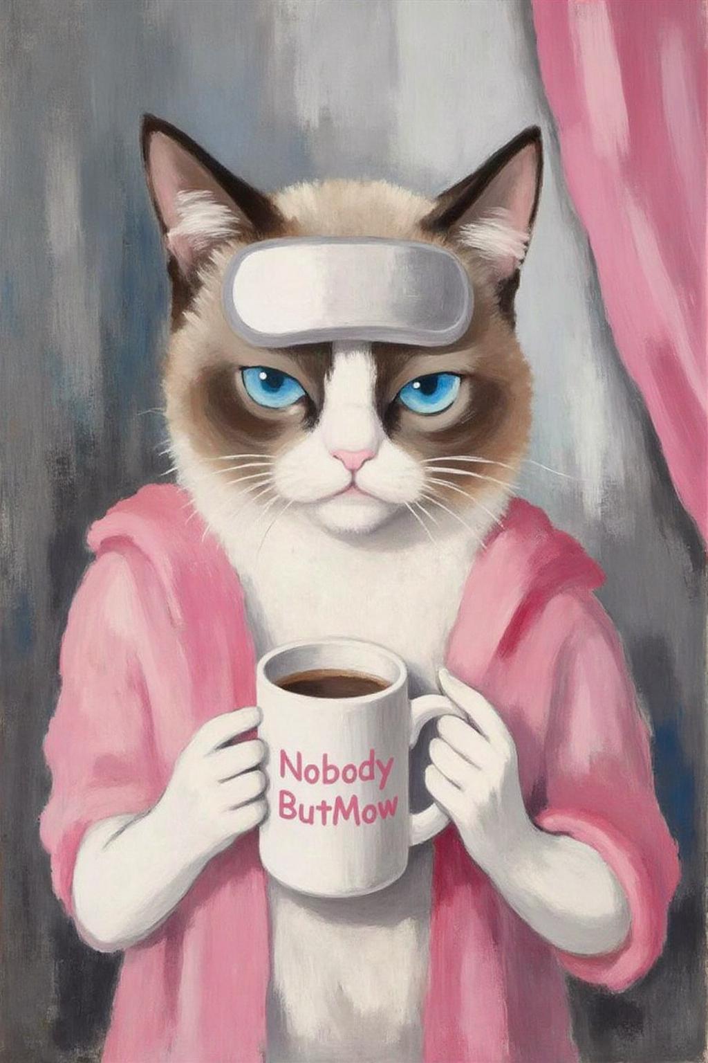 mamau1 painting .
Grumpy Cat holidng a coffee mug, wearing a VR Headset. The mug has the phrase "NobodyButMeow" printed on it <lora:malau1_cap_d6a3e12:1.0><lora:825095679207639218:0>