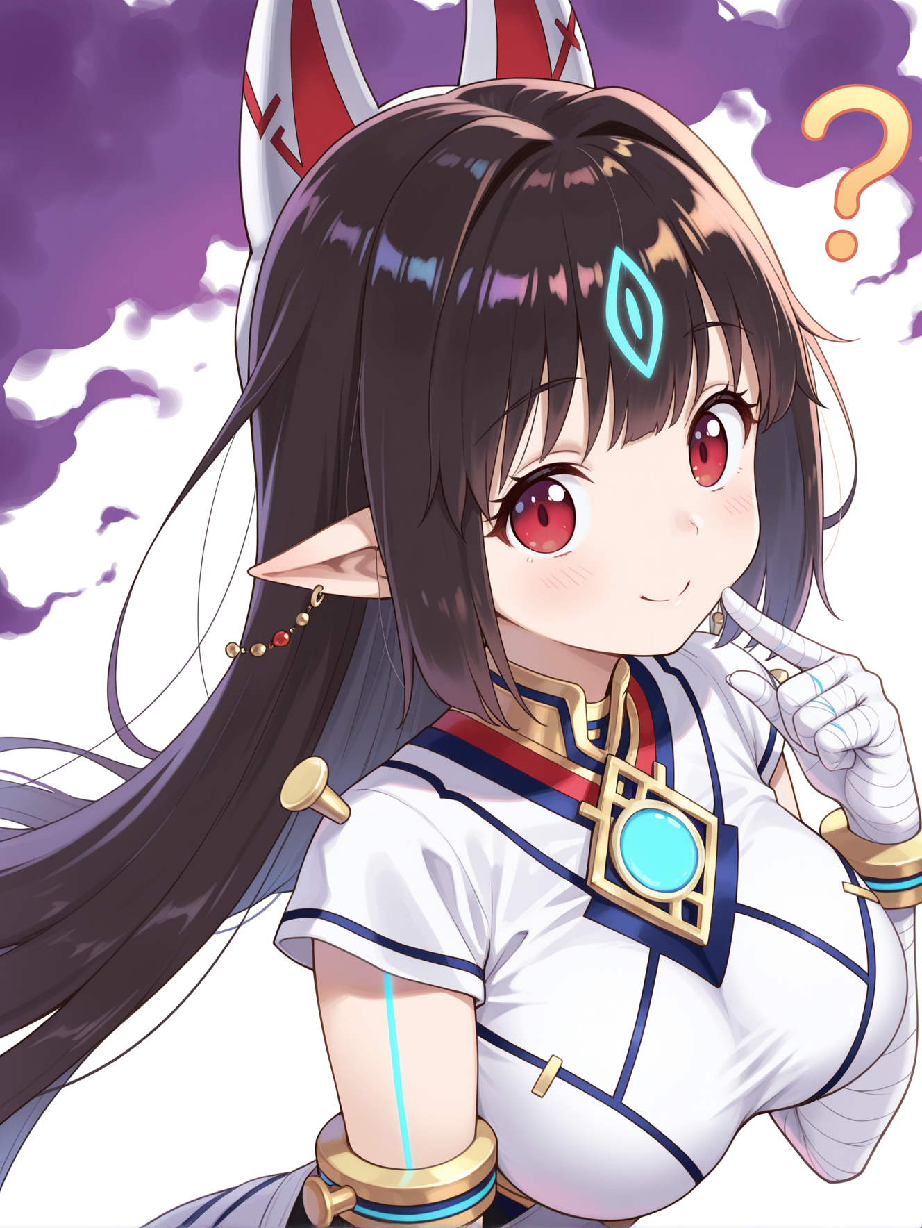 kasandra \(xenoblade\), 1girl, solo, smile, ?, simple background, pointing to self, looking at viewer, white background, upper body, blush, large breasts, closed mouth, fox mask on head back, white japanese dress, white bandaged gloves, ball earrings, blue chest jewel, from above,:o, purple aura
masterpiece,best quality,amazing quality,very aesthetic,absurdres,newest,<lora:Xenoblade Chronicles 2 - Kasandra illusXL v1.2:0.75>,