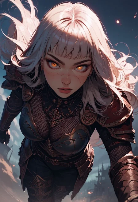 Score_9, Score8_up, Score_7_up, (((High Resolution, Best Quality))), 
1girl, beautiful, breasts, battle scarred, damaged armor, fishnets under armor, bangs, long hair, plated armour, holding greatsword, battle stance, dynamic angle, ancient fantasy city, battle-ready stance, dynamic pose, at night, moonlight, riding a nimbus cloud, nimbus, directional lighting, viewed from above,
beautiful eyes, detailed eyes, perfect eyes, orange eyes, beautiful eyes, looking at viewer, extreme foreshortening,