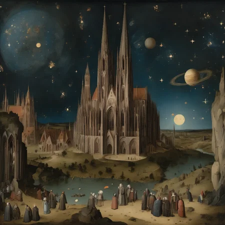 a night-time landscape dominated by a vast starry sky, with multiple celestial bodies, including planets and moons, floating in the sky, a rocky terrain on the ground with a group of people dressed in medieval attire, gothic-style cathedral with tall spires, bosch