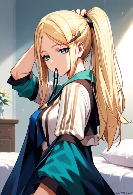 zPDXL3, score_9_up, score_8_up, score_7_up, (Anime_source), 1girl, arms up, ponytail, tying hair, adjusting hair, mouth hold, hair tie in mouth, AudreyArarat, blue eyes, blonde hair, long hair, cowboy shot, looking at viewer, parted lips, from side, kneeling on bed, sunlight