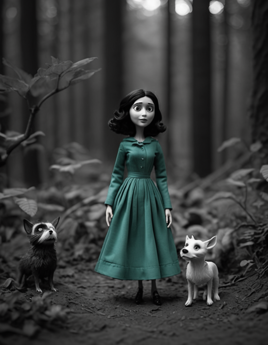 cinematic film still <lora:CivitAI_64_ALL:0.7> [X] Monochrome  CivitAI Fusion Style,a doll in a green dress standing in the woods, theother motherfromcoraline , as a claymation character, coraline, mahira khan as a dd wizard, still from animated horror movie, claymation character, brandon woelfel, realistic cosplay, photorealistic disney, still from alita, stop motion character . Black and white, contrast, tone, texture, detailed . shallow depth of field, vignette, highly detailed, high budget, bokeh, cinemascope, moody, epic, gorgeous, film grain, grainy