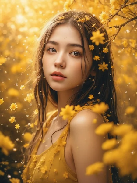 <lora:ä¸æ¹å®¡ç¾ _ BRairt.SDXL_v1.0_0.5+zhenren_0.5:0.7>realistic,photography,(masterpiece,best quality),ultra-detailed,1girl,stars in the eyes,pure girl,(full body:0.5),There are many scattered luminous petals,Hidden in the light yellow flowers,Many flying drops of water,Many scattered leaves,branch,angle,contour deepening,cinematic angle,(Tyndall effect),