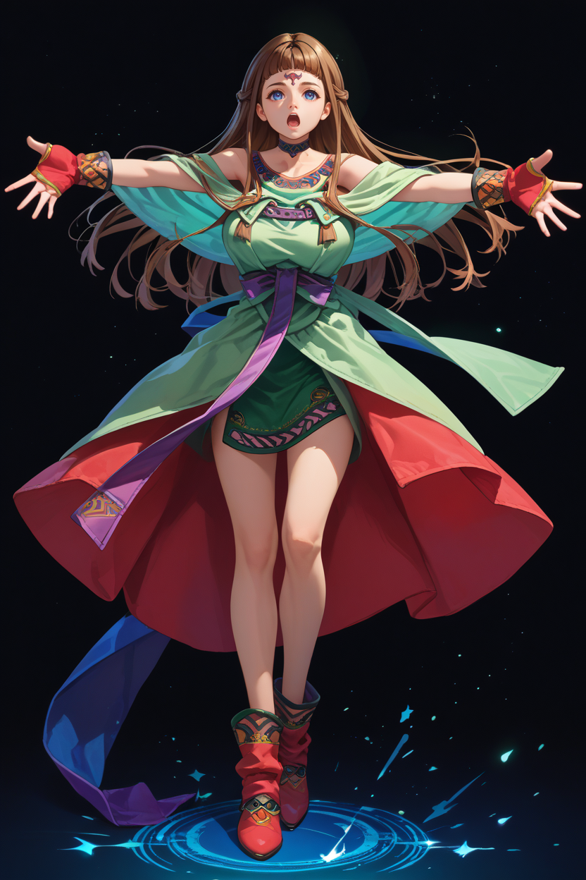 score_9, score_8_up, score_7_up, score_6_up, source_anime, 1girl, solo, <lora:vpshiho-pdxl-nvwls-v1-000005:1> shiho, brown hair, long hair, blue eyes, forehead mark, choker, green dress, off shoulder, red gloves, open mouth, full body, night, black background, outstretched hand, big breasts, standing