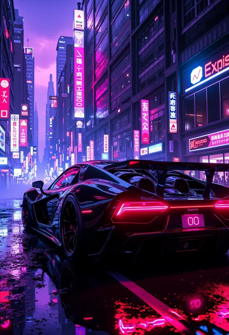 bo-neon, a digital artwork depicting a futuristic, cyberpunk cityscape at night, the scene is set in a dimly lit, urban environment with a mix of neon lights and skyscrapers in the background, creating a vibrant, neon-lit atmosphere, the foreground features a black sports car with a sleek, aerodynamic design, parked on a wet, wet street, the car's headlights are prominent, emitting a bright red glow, and the number 00 is prominently displayed on the rear of the car, the street is lined with tall buildings, some of which are adorned with signs in japanese characters, adding to the urban ambiance, the buildings are partially obscured by neon lights, which create a sense of depth and mystery, the sky is overcast, with a gradient of purple and blue hues, enhancing the moody, almost ethereal quality of the scene, the ground is wet, with droplets of water reflecting the lights from the car and the surrounding buildings, the overall color palette is dominated by shades of pink, purple, and blue, with the neon lights adding a surreal, almost dreamlike quality to the otherwise urban setting, the artwork is highly detailed, with smooth textures and a realistic, almost photorealistic style, making it both visually striking and immersive, high quality, ultra detailed, colorful, abstract, abyss fantasy.<lora:FLUX Abyss Neon\Abyss Neon_epoch_5.safetensors:1.0:1.0>