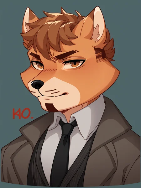 score_9, score_8_up, score_7_up, high quality, hires, male, solo, anthro, furry, upper body, black tie, chibi, looking at viewer, <lora:RoyРой:1>