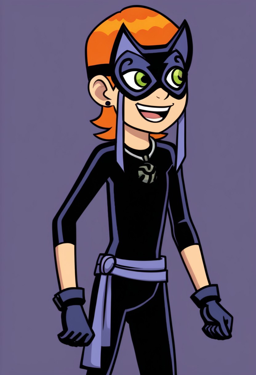 luckygirl, 1girl, mask, solo, green eyes, orange hair, gloves, jewelry, bodysuit, smile, earrings, open mouth, domino mask, flat chest, purple background, short hair,belt,smile