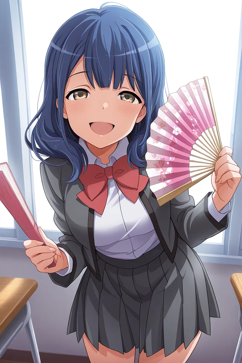 masterpiece, best quality, amazing quality,
<lora:Kaoruko_IL:1> kaoruko, 1girl, solo, blue hair, school uniform, skirt, smile, open mouth, holding, hand fan, looking at viewer, bow, pleated skirt, red bow