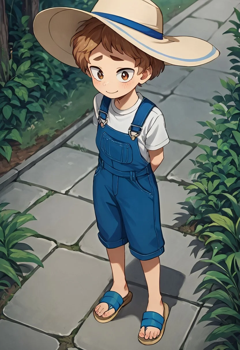 score_9, score_8_up, score_7_up, source_anime, highly detailed, cute boy, 1boy, solo, young, katsuma, sun hat, curly hair, light brown hair, brown eyes, white t-shirt, knee length overalls, hands behind back, shy smile, sandals, looking at viewer, avoiding eye contact, looking down
