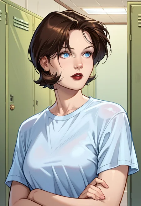 score_8, score_8_up, score_7_up, 1girl, female focus, solo, Mayday_MC2, blue eyes, brown hair, asymmetrical hair, bob cut, (lipstick:0.5), SGMC2, portrait, indoors, locker, hallway, white shirt, t-shirt,