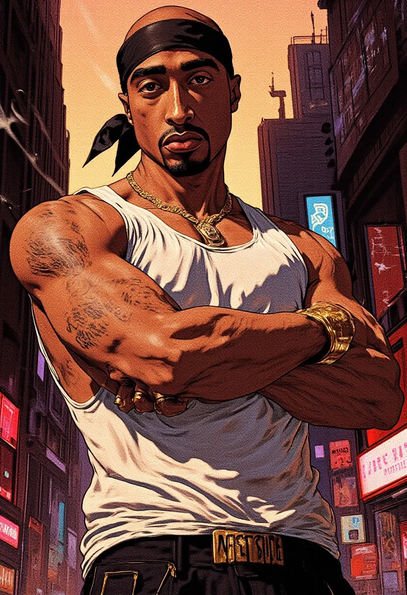 Retro anime, anime 90s, 90s aesthetics, illustration: Tupac Shakur, with his signature intense expression, wears a black bandana tied at the front, its fabric slightly creased, with subtle highlights accentuating its texture. He sports a snug white tank top with faint wrinkles, revealing his toned physique, and loose black denim jeans with a slight sag, exposing the waistband of his boxers. A thick silver chain necklace rests against his chest, reflecting ambient light, while a gold bracelet and rings add a subtle gleam to his hands. Positioned in a three-quarter view, arms crossed, he prominently displays the "WEST SIDE" tattoo across his abdomen. The background features a gritty urban cityscape with towering buildings, neon signs flickering in reds and blues, and detailed graffiti sprawling across alley walls. Warm-toned skies blend oranges and purples, casting a moody sunset glow. Faint musical notes swirl subtly in the air, symbolizing his impact on hip-hop. The illustration’s bold outlines, sharp shading, and high-contrast lighting heighten the depth, enhancing the nostalgic yet powerful 90s anime aesthetic.