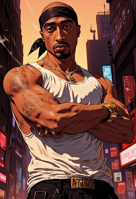 Retro anime, anime 90s, 90s aesthetics, illustration: Tupac Shakur, with his signature intense expression, wears a black bandana tied at the front, its fabric slightly creased, with subtle highlights accentuating its texture. He sports a snug white tank top with faint wrinkles, revealing his toned physique, and loose black denim jeans with a slight sag, exposing the waistband of his boxers. A thick silver chain necklace rests against his chest, reflecting ambient light, while a gold bracelet and rings add a subtle gleam to his hands. Positioned in a three-quarter view, arms crossed, he prominently displays the "WEST SIDE" tattoo across his abdomen. The background features a gritty urban cityscape with towering buildings, neon signs flickering in reds and blues, and detailed graffiti sprawling across alley walls. Warm-toned skies blend oranges and purples, casting a moody sunset glow. Faint musical notes swirl subtly in the air, symbolizing his impact on hip-hop. The illustration’s bold outlines, sharp shading, and high-contrast lighting heighten the depth, enhancing the nostalgic yet powerful 90s anime aesthetic.