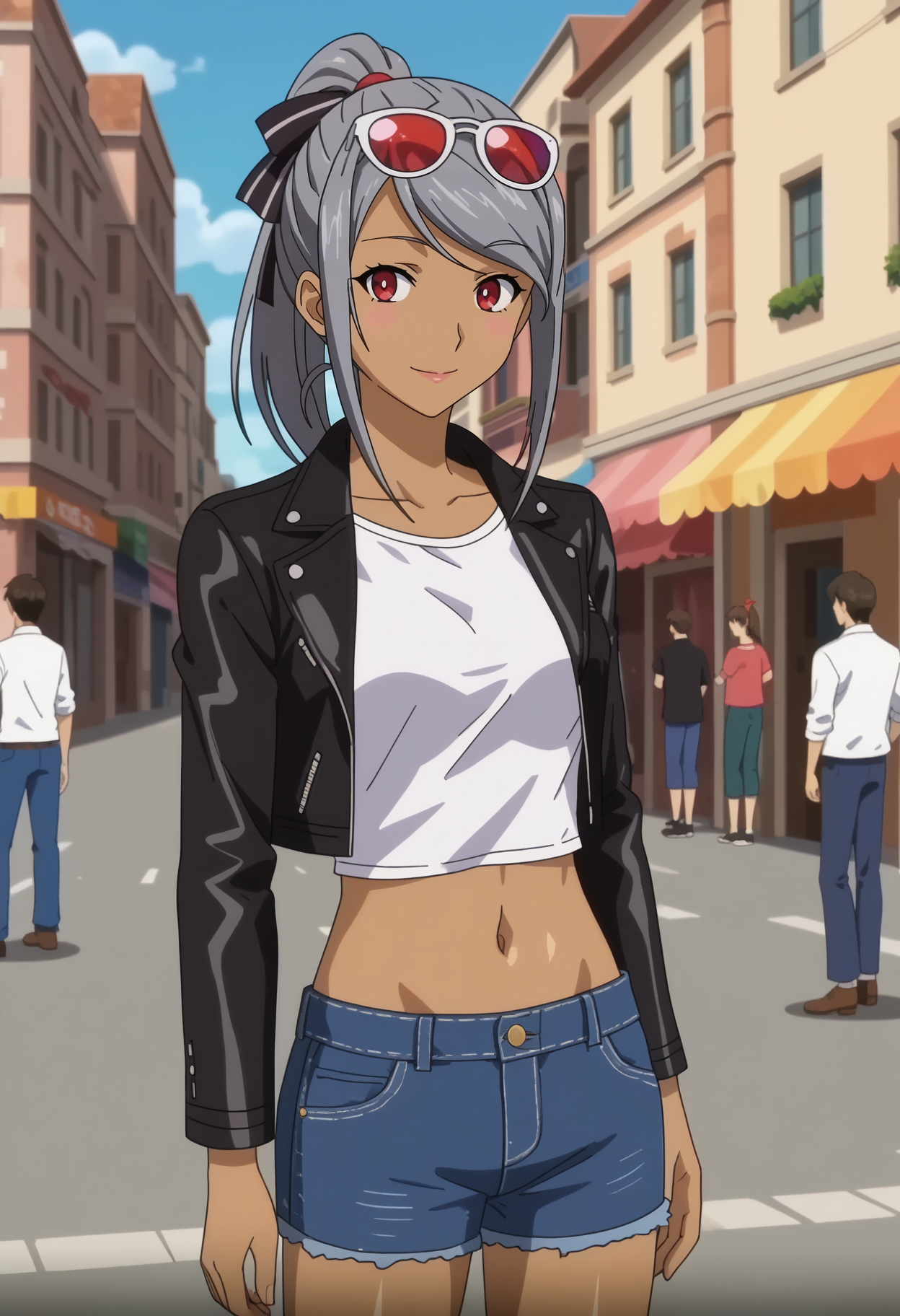 score_7_up, anime screencap,
<lora:HaremTime_YukieXL:0.9>,
1girl, solo, light smile, sunglasses, eyewear on head,
YukieHT, dark skin, ponytail, grey hair, red eyes, hair ribbon, black ribbon,
leather jacket, black jacket, white shirt, navel, denim shorts, blue shorts,
standing, looking at viewer, cowboy shot,
blurry background, outdoors, street