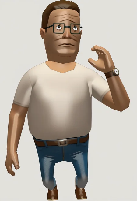score_9, score_8_up, score_7_up, source_anime, 1boy, solo
<lora:zs_WindWakerStyleXL:1> windwakerstyle, 3d, full body, white background
<lora:hankhill_pd:1> hankhillpd, glasses, brown hair, white t-shirt, jeans, belt, wrtistwatch, brown footwear, mature male, male focus, black eyes