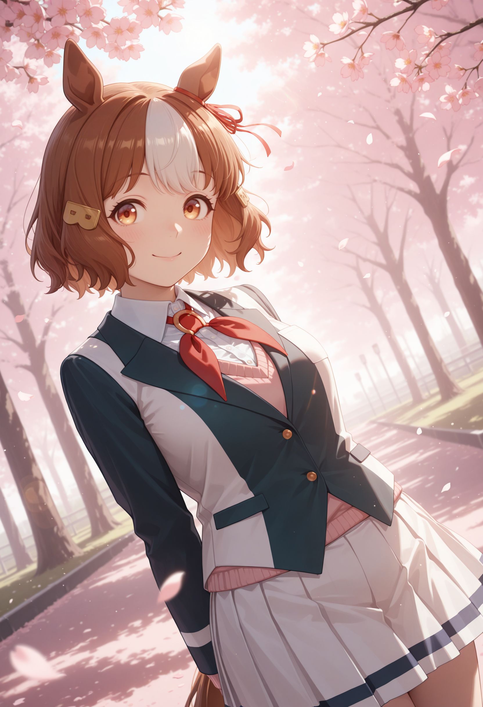masterpiece, best quality, amazing quality, very awa,absurdres,newest,very aesthetic, 
looking at viewer, smile, , happy, outdoors, petals, sakura trees, lens flare, sun rays, looking at viewer, dutch angle
 <lora:Berno illu:1> 1girl, brown hair, white hair, multicolored hair, short hair, animal ears, horse girl, horse tail brown eyes, hair ornament, white shirt, collared shirt, long sleeves, jacket, vest, white skirt, pleated skirt,