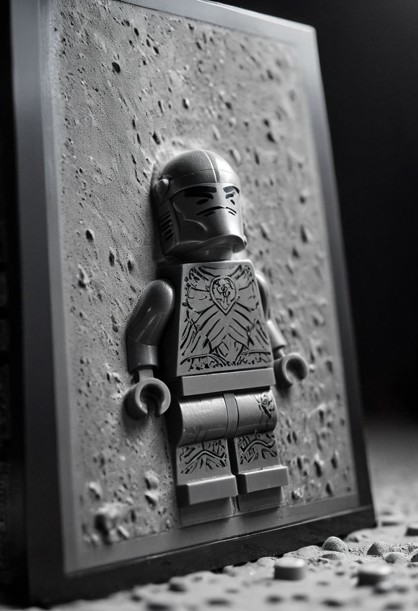 high-contrast monochrome palette, extreme closeup from sideview, floating dust particles, visible dust in light rays, vintage dusty atmosphere, cinematic quality, closeup, a lego Knight frozen in carbonite, deep Blacks, very detailed, atmospheric haze, Film grain, cinematic film still, shallow depth of field, highly detailed, high budget, cinemascope, moody, epic