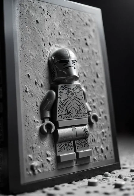 high-contrast monochrome palette, extreme closeup from sideview, floating dust particles, visible dust in light rays, vintage dusty atmosphere, cinematic quality, closeup, a lego Knight frozen in carbonite, deep Blacks, very detailed, atmospheric haze, Film grain, cinematic film still, shallow depth of field, highly detailed, high budget, cinemascope, moody, epic