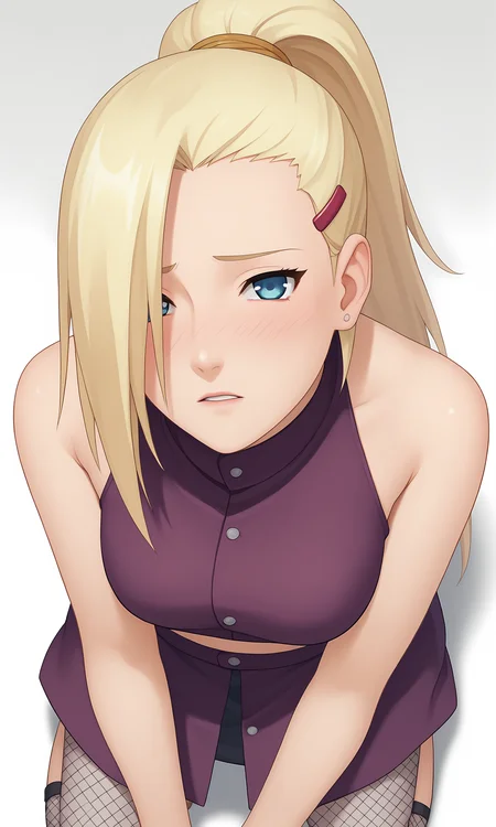 score_9, score_8_up, score_7_up, game cg,
from above, on knees, pov,
yamanakaino, 1girl, ((looking at viewer)), long hair, blonde hair, crop top, hair over one eye, hairclip, bare shoulders, high ponytail, blue eyes, arm fishnets,purple skirt,
blush, shy, parted lips, half closed eyes,
simple background, white background,
<lora:Ino_PXL:1>