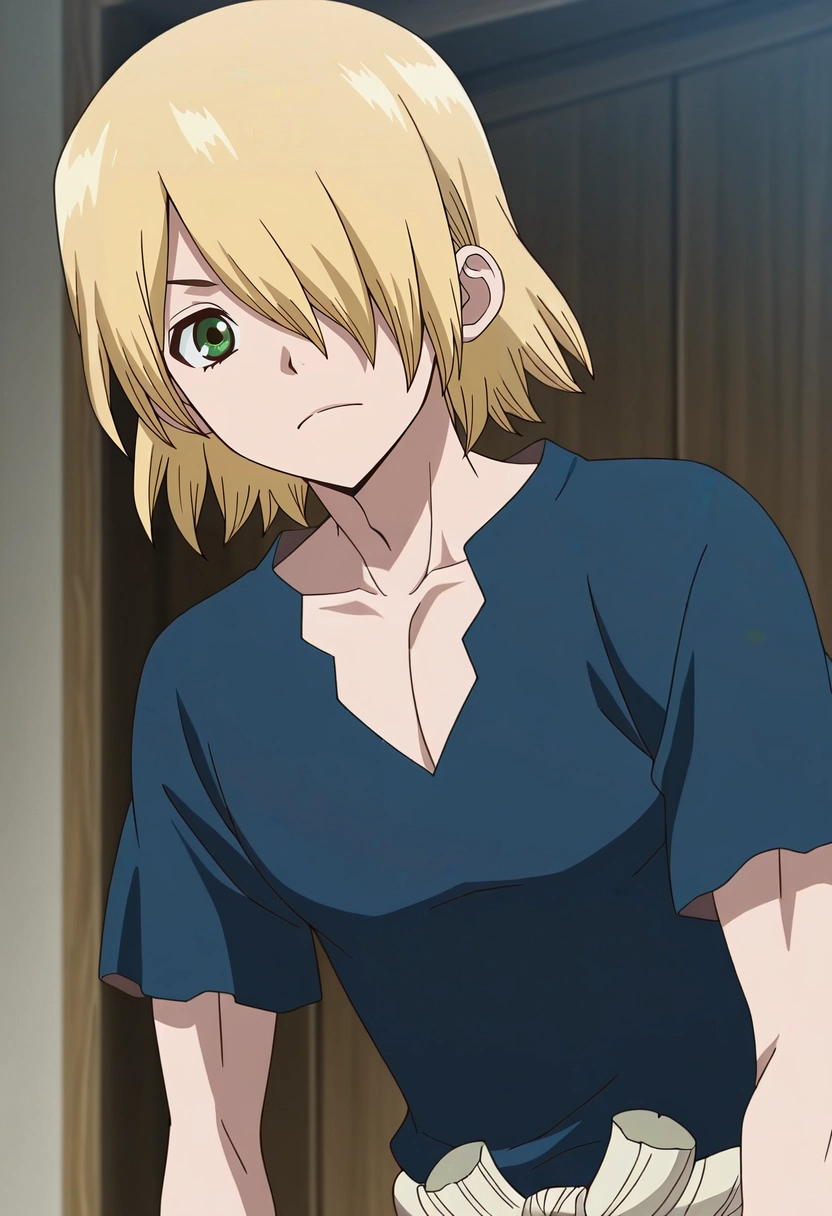 masterpiece, best quality, , anime screencap, , , looking at viewer, 1boy, solo, male focus, <lora:ginrou_dr_stone_ilxl:0.98>, ginrou_dr_stone, blonde hair, green eyes, short hair, hair over one eye, blue shirt, short sleeves, ,