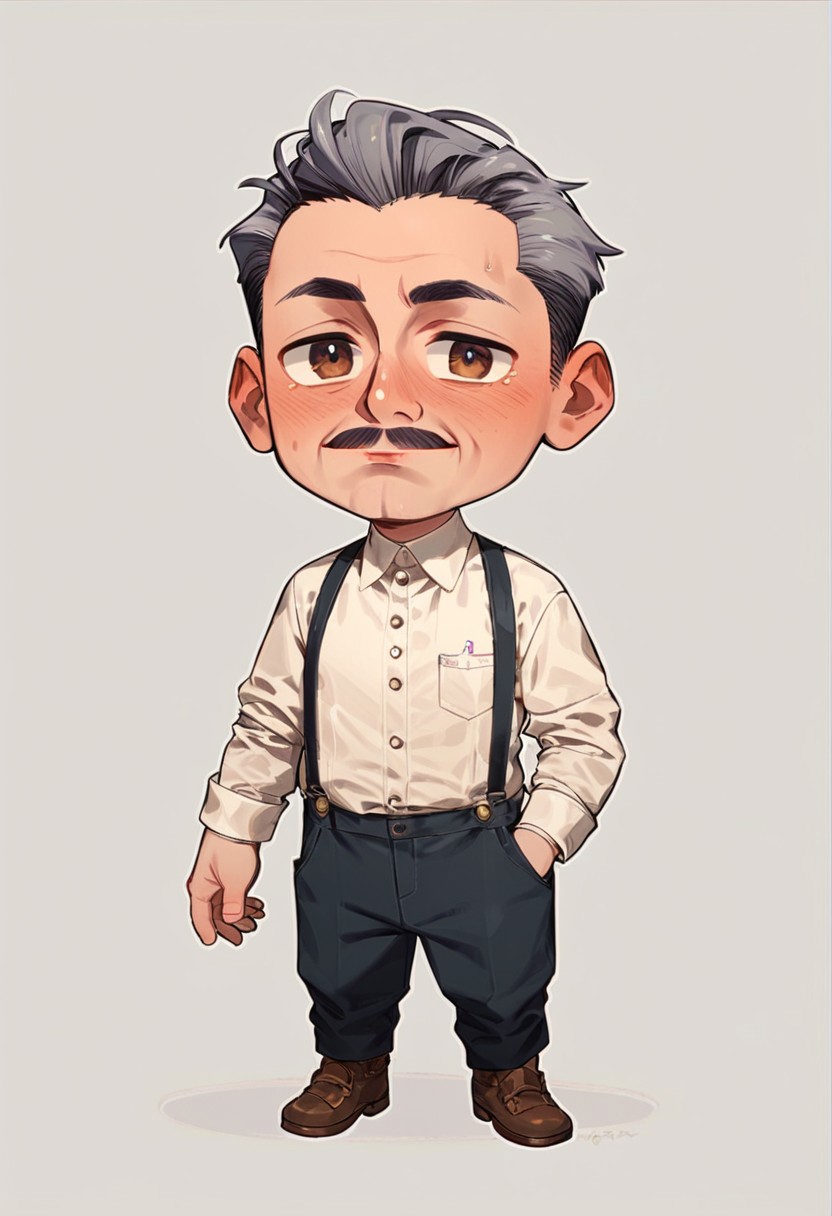Score_8_up, score_7_up,chibi, full_body,,humans,chibi e_volkarin, mature male, grey hair, short hair, brown eyes, mustache,easynegative, <lora:add-detail-xl:1>,