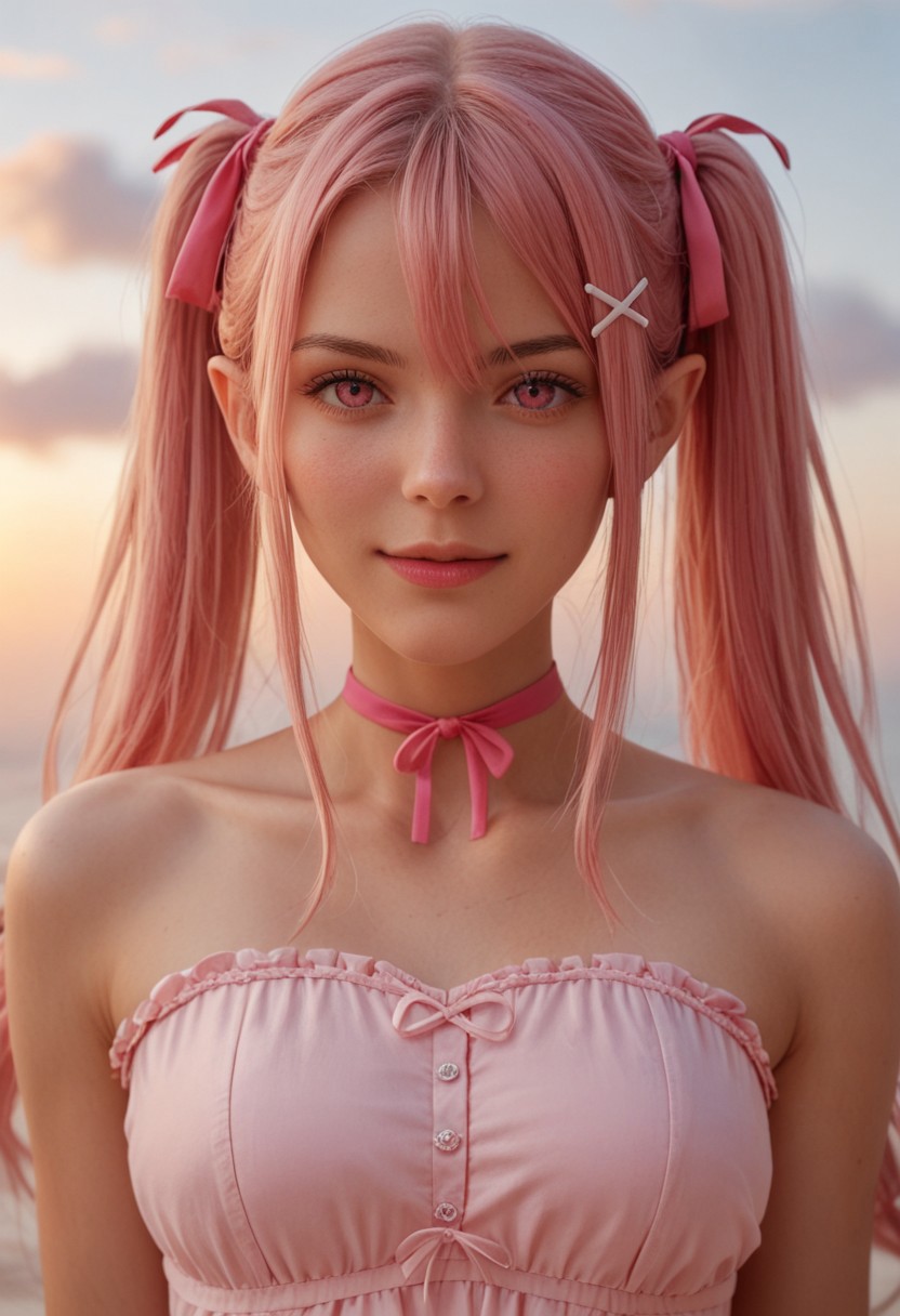 score_9_up, score_8_up, score_7_up, score_6_up, 1girl, 25 years old, perfect face, sexy, (adult),
(three quarter view), detailed face, portrait, face focus, depth of field, looking at viewer, blush, shy smile, close up,
pink eyes, 
pointy ears, 
pink hair, long hair, twintails, hair ornament, hair between eyes, hair ribbon, x hair ornament, long hair, sidelocks, (pink chocker), chocker, 
pink dress, layered dress, sleeveless, strapless, sundress, 
sky, pink clouds,