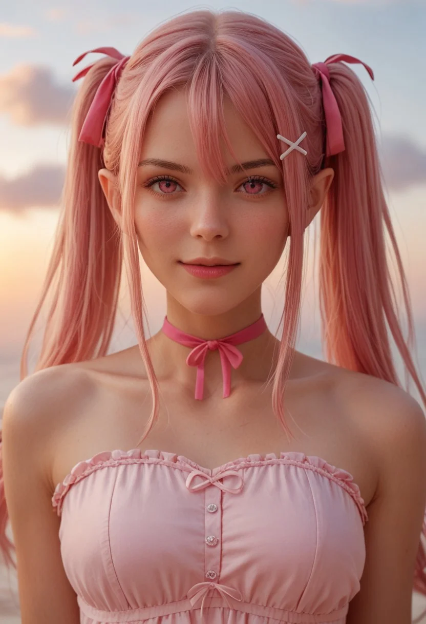 score_9_up, score_8_up, score_7_up, score_6_up, 1girl, 25 years old, perfect face, sexy, (adult),
(three quarter view), detailed face, portrait, face focus, depth of field, looking at viewer, blush, shy smile, close up,
pink eyes,
pointy ears,
pink hair, long hair, twintails, hair ornament, hair between eyes, hair ribbon, x hair ornament, long hair, sidelocks, (pink chocker), chocker,
pink dress, layered dress, sleeveless, strapless, sundress,
sky, pink clouds,