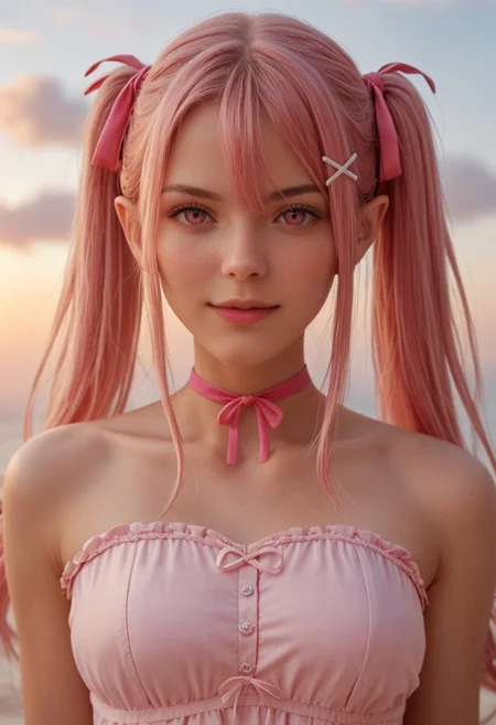 score_9_up, score_8_up, score_7_up, score_6_up, 1girl, 25 years old, perfect face, sexy, (adult),
(three quarter view), detailed face, portrait, face focus, depth of field, looking at viewer, blush, shy smile, close up,
pink eyes,
pointy ears,
pink hair, long hair, twintails, hair ornament, hair between eyes, hair ribbon, x hair ornament, long hair, sidelocks, (pink chocker), chocker,
pink dress, layered dress, sleeveless, strapless, sundress,
sky, pink clouds,