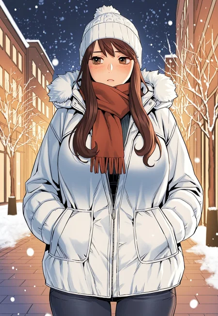 mia woo, long brown hair, side bangs, large breasts, wide hips, mature woman, manhwa, silent war
wearing a thick winter coat with fur-lined hood, zipped halfway to reveal a scarf or turtleneck underneath, paired with black tights or jeans, and a warm knit hat
standing in a snowy street, arms relaxed at her sides or hands in coat pockets, expression neutral or slightly indifferent, soft blush from the cold
urban winter background, falling snow, cool lighting, solo character, color, calm and seasonal atmosphere