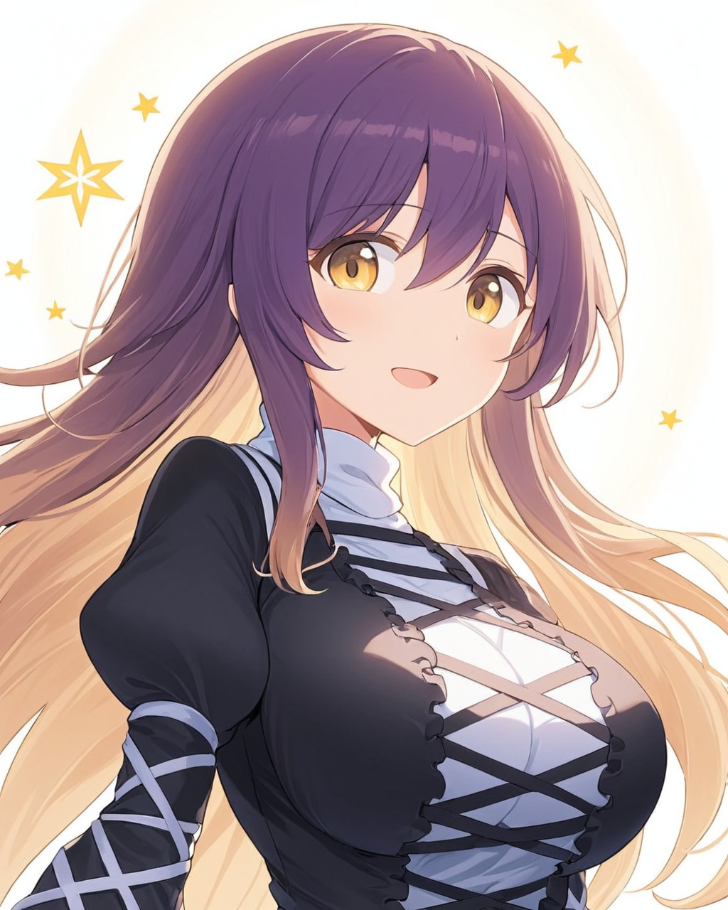 hijiri byakuren,1girl, solo, backlighting, juliet_sleeves, looking_at_viewer, smile, white_background, open_mouth, large_breasts, cross-laced_clothes, simple_background, layered_dress, upper_body, black_dress, white_dress, turtleneck, turtleneck_dress, bloom
<lora:hijiri_byakuren_image2907_2023-12-20:1>,star-shaped_pupils,symbol-shaped_pupils,. gorgeous,key visual, vibrant, studio anime,award-winning, professional, highly detailed,high budget, cinemascope