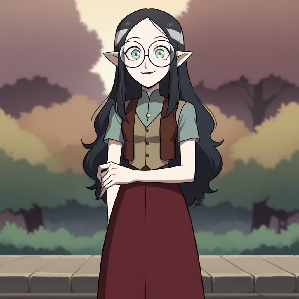 score_9, score_8_up, score_7_up, score_6_up, score_5_up, score_4_up, zPDXL2,source_anime,rating_questionable,1girl, smile, outdoors, autumnal, <lora:Lilith_-_The_Owl_House:0.8>Lilith_TOH,long hair,black hair, green eyes, pointy ears,long skirt, vest,  short sleeves, round eyewear, red skirt, glasses,