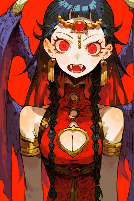 score_9, score_8_up, score_7_up, score_6_up, score_5_up, score_4_up, 1girl, solo, earrings, red eyes, jewelry, open mouth, wings, looking at viewer, twin braids, braid, bare shoulders, fangs, clothing cutout, black hair, cleavage cutout, breasts, upper body, ringed eyes, simple background, long hair, teeth