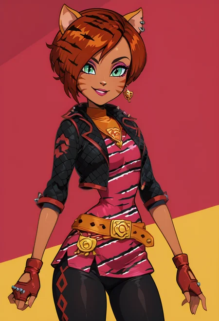 masterpiece, best quality, solo, curvy, beautiful eyes, narrow waist, wide hips, 1girl, solo, smile, looking at viewer, foreshortening, close up, anime screenshot, ,<lora:ToraleiMH_IXL:1.0>, zzToralei, green eyes, cat ears, tiger ears, hair over one eye, brown hair, multicolored hair, orange hair, red hair, short hair, whisker markings, facial mark, makeup, gloves, jewelry, jacket, fingerless gloves, piercing, earrings, animal print, ear piercing, pink dress, black pants, C0utur3Cr4z3, <lora:CoutureCraze_IXL:0.5>,, smile, looking at viewer, cowboy shot, dynamic pose, abstract background, <lora:VividIXL_v2:0.7>,