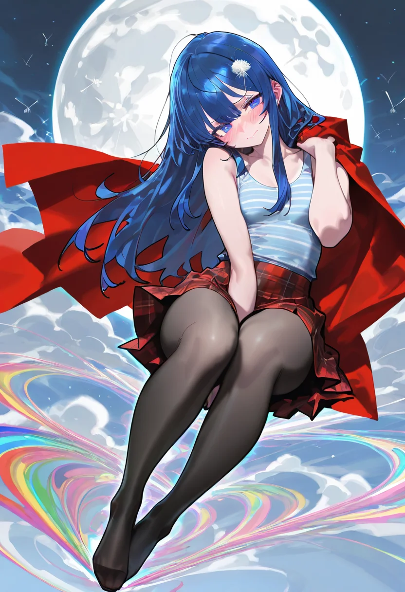 masterpiece, best quality, artist:moriimee, g0thicl1nes, (aogisa: 0.4), (aoi ogata:0.4), (jairou:0.2), (full body, beautiful, gorgeous, muted color, psychedelic, 1girl, blushing, embarrassed, head tilt, blue horizontal-striped tank top, red plaid skirt, black tights, small breasts, blue hair, long silky hair, sidelocks, wavy bang, red cape, dandelion on hair, moon), <lora:MoriiMee_Gothic_Niji_Style_Illustrious_r1:0.2>, <lora:iLLMythG0thicL1nes:0.2>