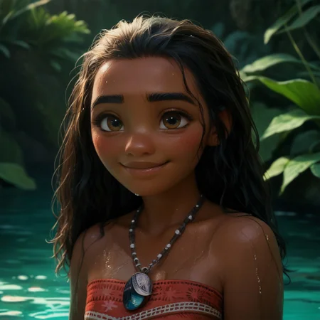 score_9, score_8_up, score_7_up, score_6_up, score_5_up, score_4_up, Moanam, in shallow water, seductive smile, blushing, solo, wet, dark skin, necklace