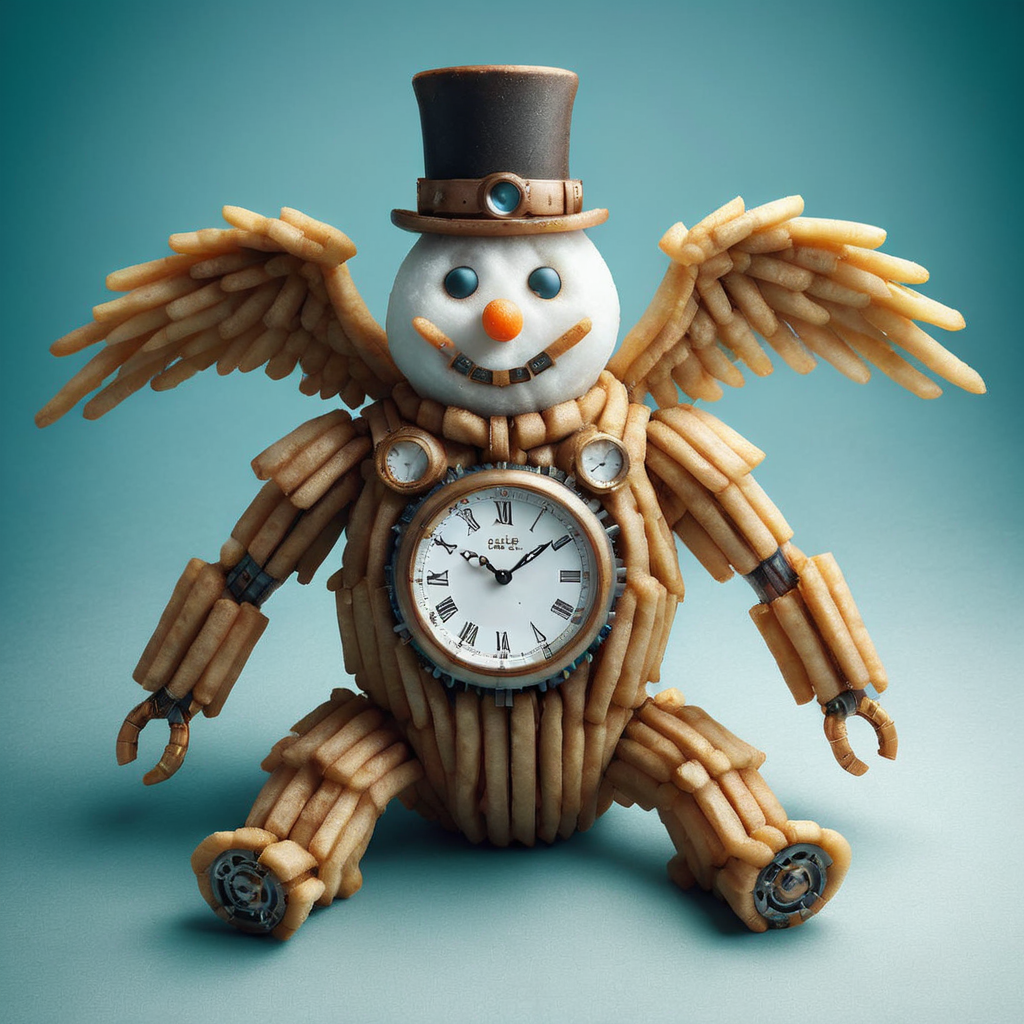 a surreal friessty1e snowman made of steampunk style watches for wings,  <lora:friessty1e:0.8>
