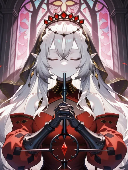 1girl, solo, closed eyes, closed mouth, smile, church, gas, own hands together, stained glass, facing viewer, rapier, upper body, holding rapier, red detached sleeves, red dress, black bridal veil, black gauntlets, blazing cartesia the virtuous, white skin
masterpiece,best quality,amazing quality,very aesthetic,absurdres,newest,<lora:blazing cartesia the virtuous illuXL v1.2:0.8>,